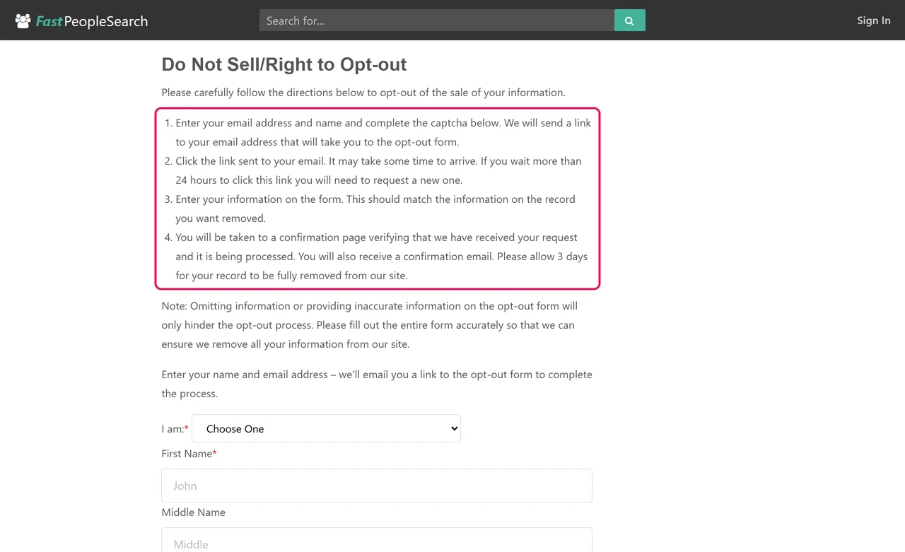 FastPeopleSearch Do Not Sell/Right to Opt-out page listing four steps and a 3-day removal time