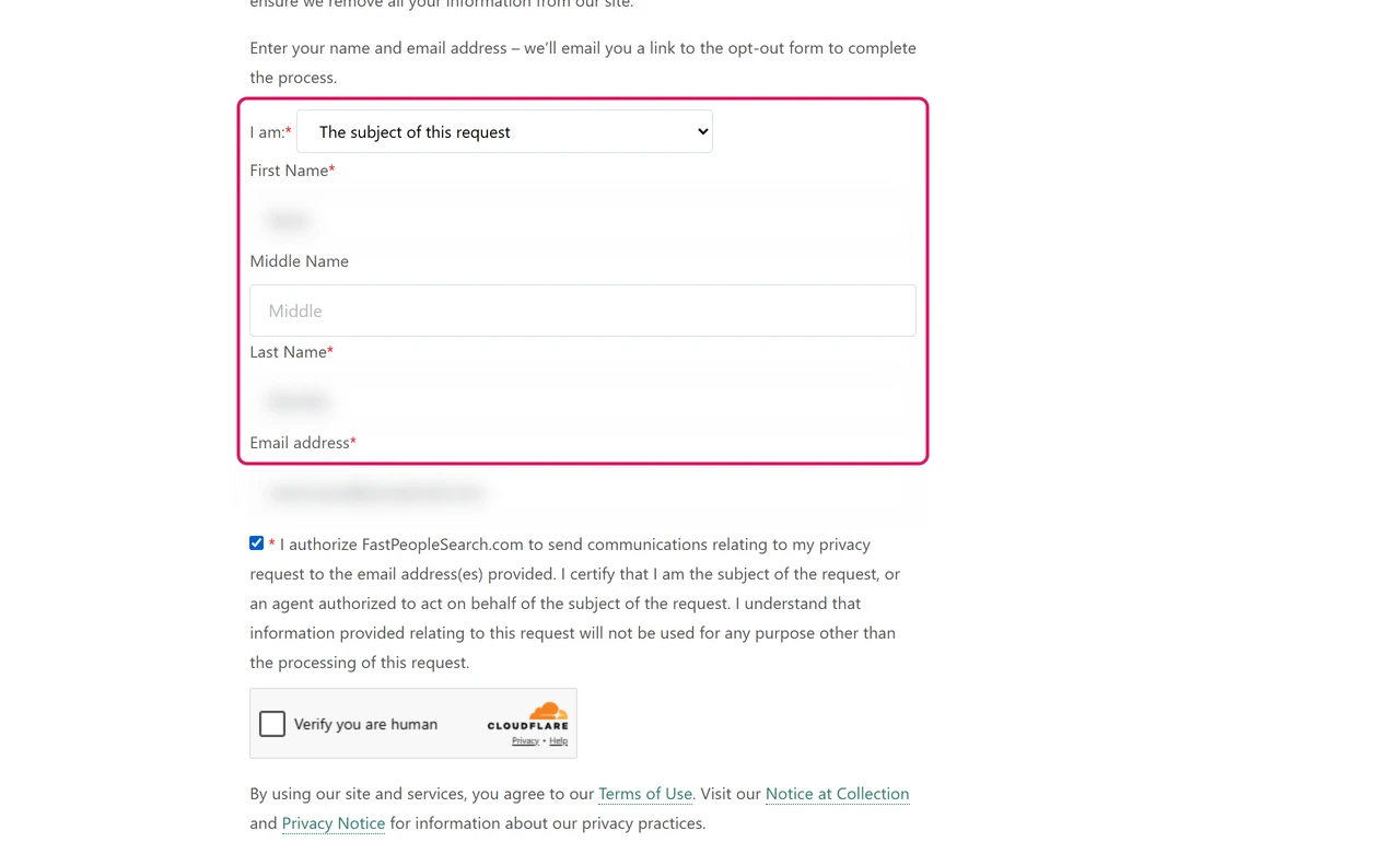 FastPeopleSearch short opt-out form asking for name and email, with a consent checkbox and a Cloudflare check