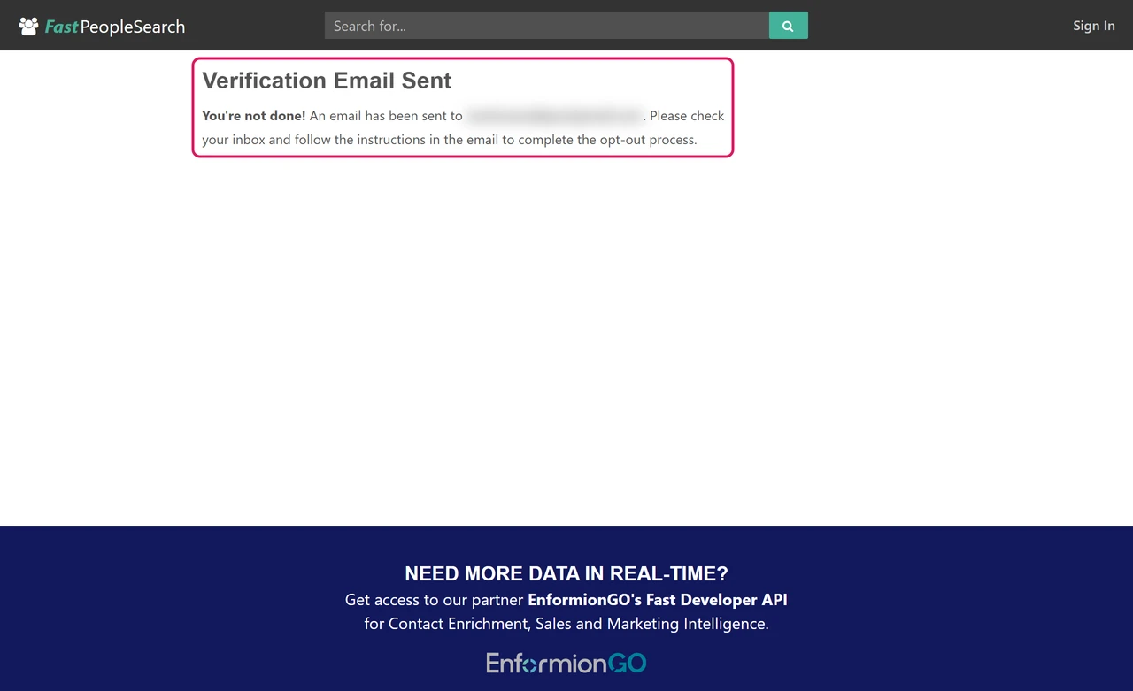 FastPeopleSearch confirmation screen saying a verification email was sent and the opt-out is not done yet