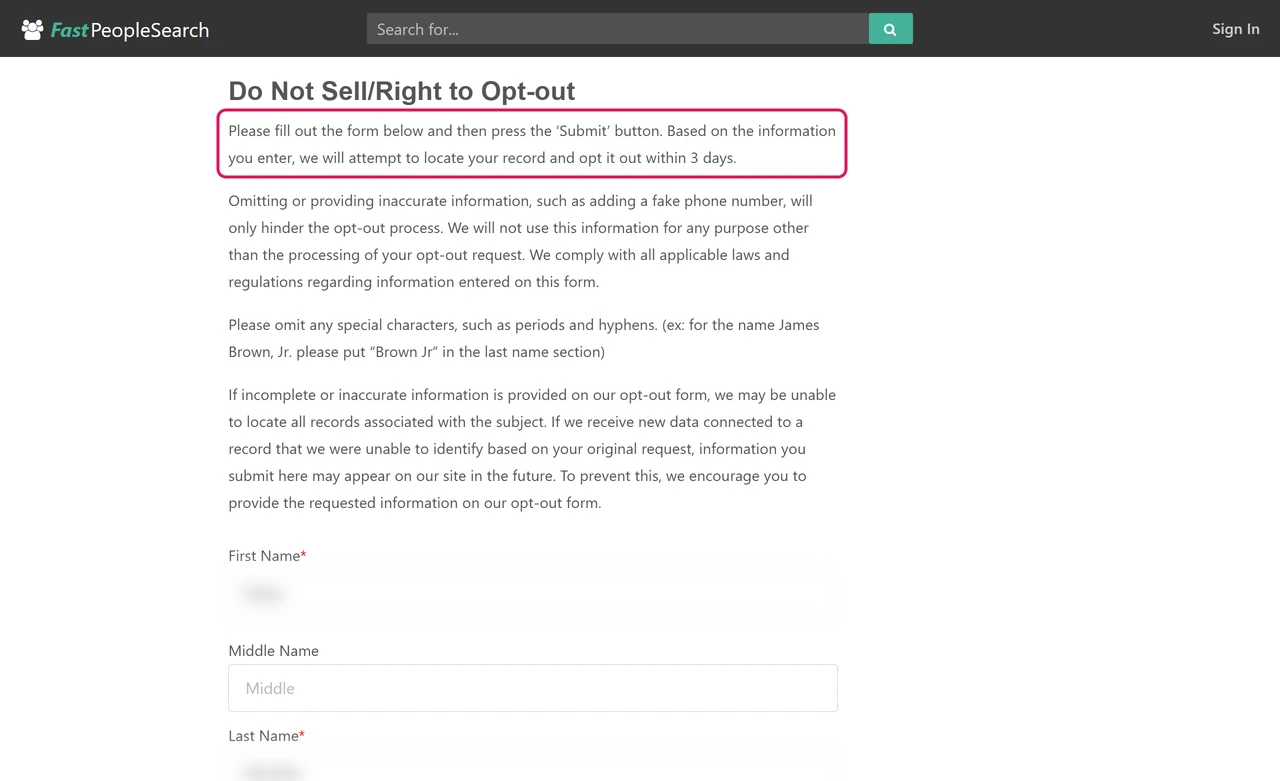 FastPeopleSearch full opt-out form intro promising to locate the record and opt it out within 3 days