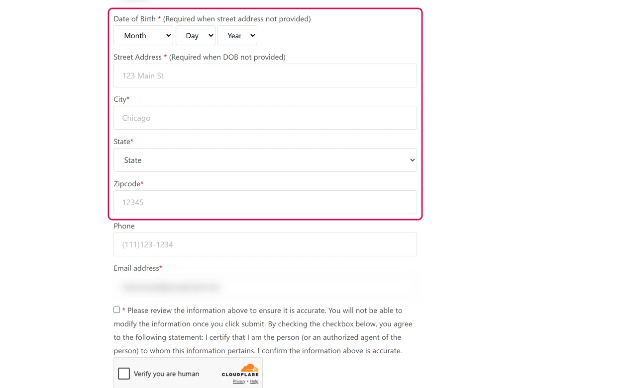 FastPeopleSearch full opt-out form asking for date of birth or street address, city, state, ZIP and an optional phone