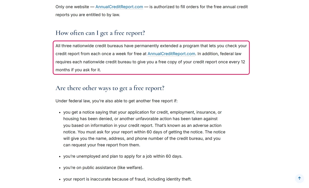 FTC consumer article saying the three credit bureaus permanently extended free weekly credit reports at AnnualCreditReport.com