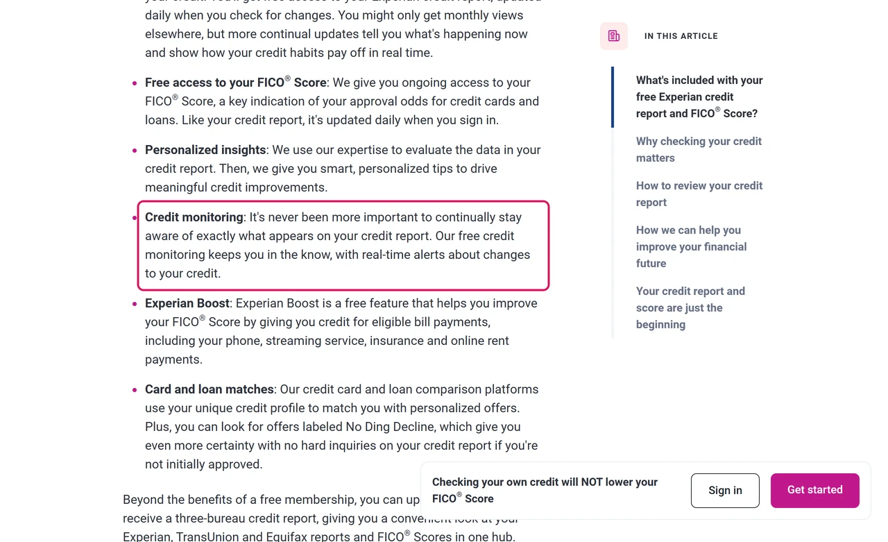 Experian free account page describing free credit monitoring with real-time alerts about changes to your Experian report