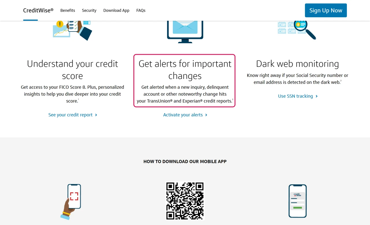 Capital One CreditWise page offering alerts on changes to your TransUnion and Experian credit reports