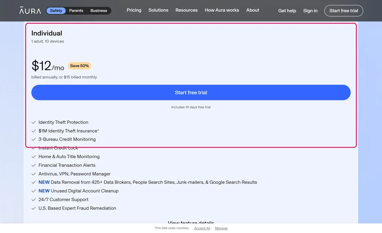 Aura Individual plan card: $12/mo billed annually, 14-day free trial, 3-Bureau Credit Monitoring