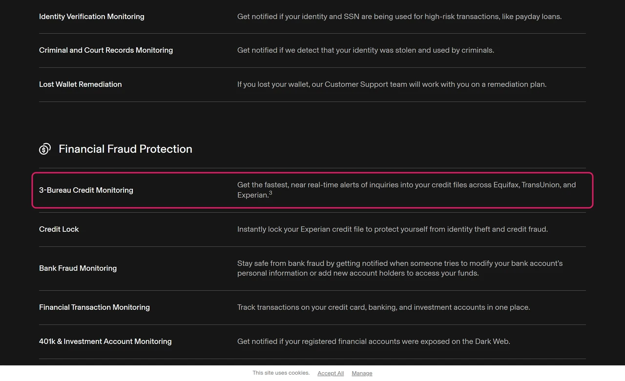 Aura feature list: 3-Bureau Credit Monitoring with alerts across Equifax, TransUnion and Experian