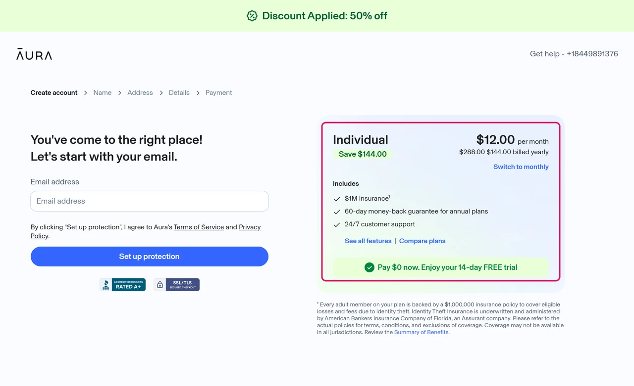 Aura enrollment first step: Individual plan, $144 billed yearly, pay $0 now for a 14-day free trial