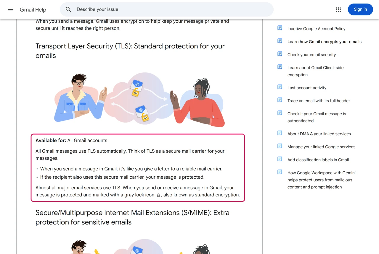 Gmail Help page saying TLS is available for all Gmail accounts and all Gmail messages use TLS automatically