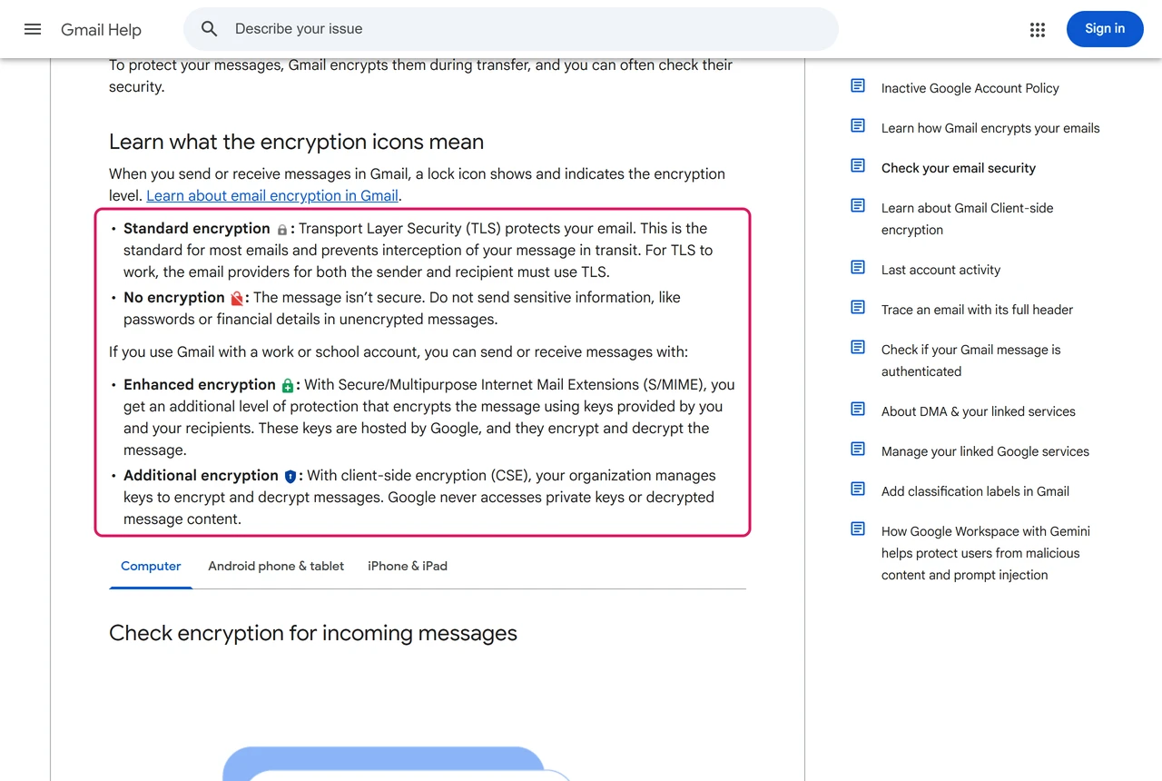Gmail Help list of encryption icons: gray lock for standard, red lock for no encryption, green lock for S/MIME and blue shield for client-side encryption