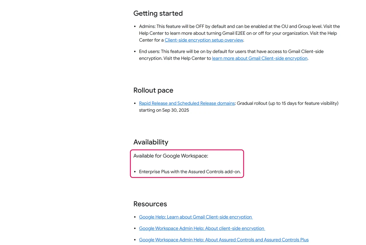 Google Workspace Updates post saying end-to-end encrypted email to anyone is available for Enterprise Plus with the Assured Controls add-on