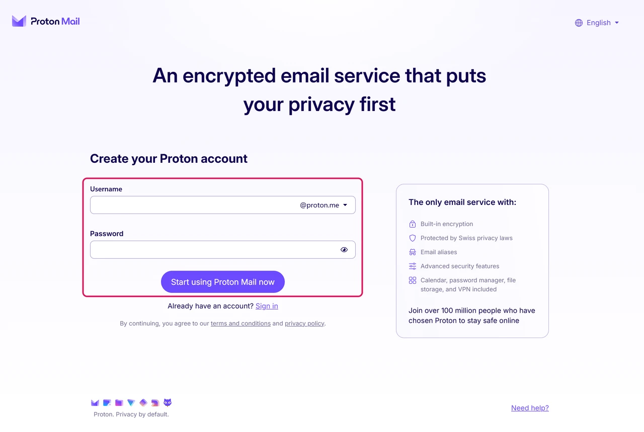 Proton Mail free sign-up form with username and password fields
