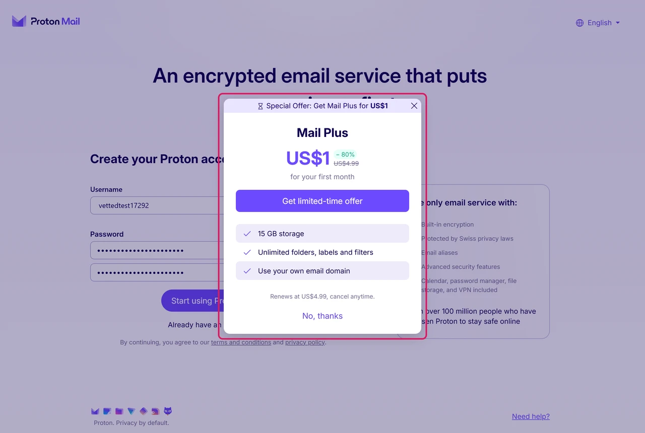 Proton offer of Mail Plus for US$1 for the first month that renews at US$4.99, with a No, thanks link