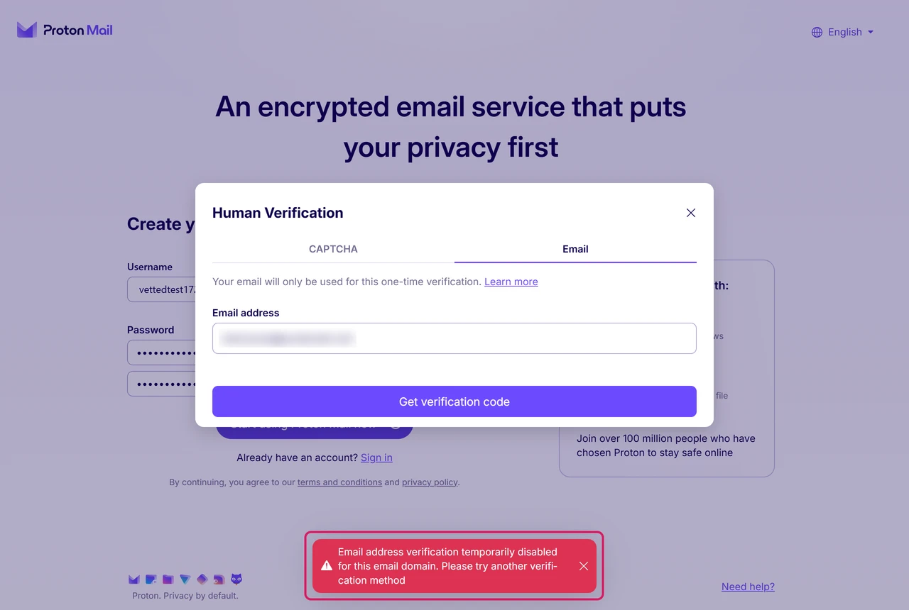 Proton human verification window with an error that email verification is temporarily disabled for this email domain