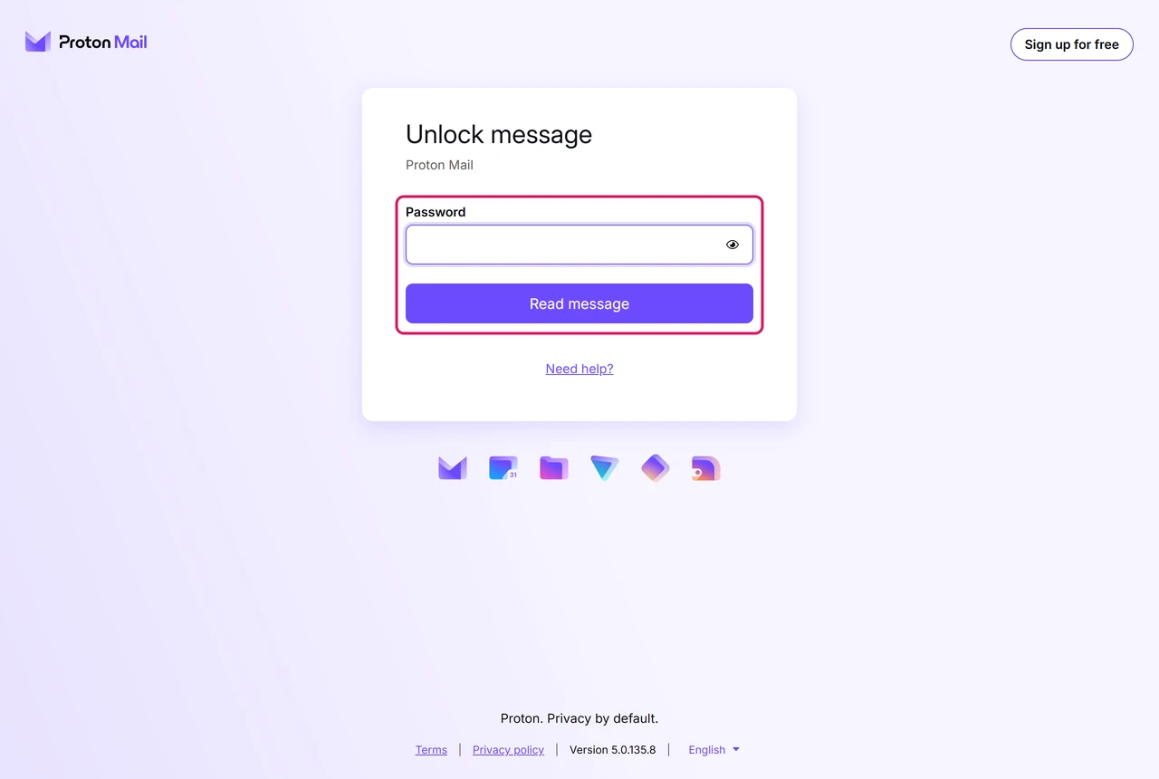 Proton page with a Password field and a Read message button, opened from the notice email