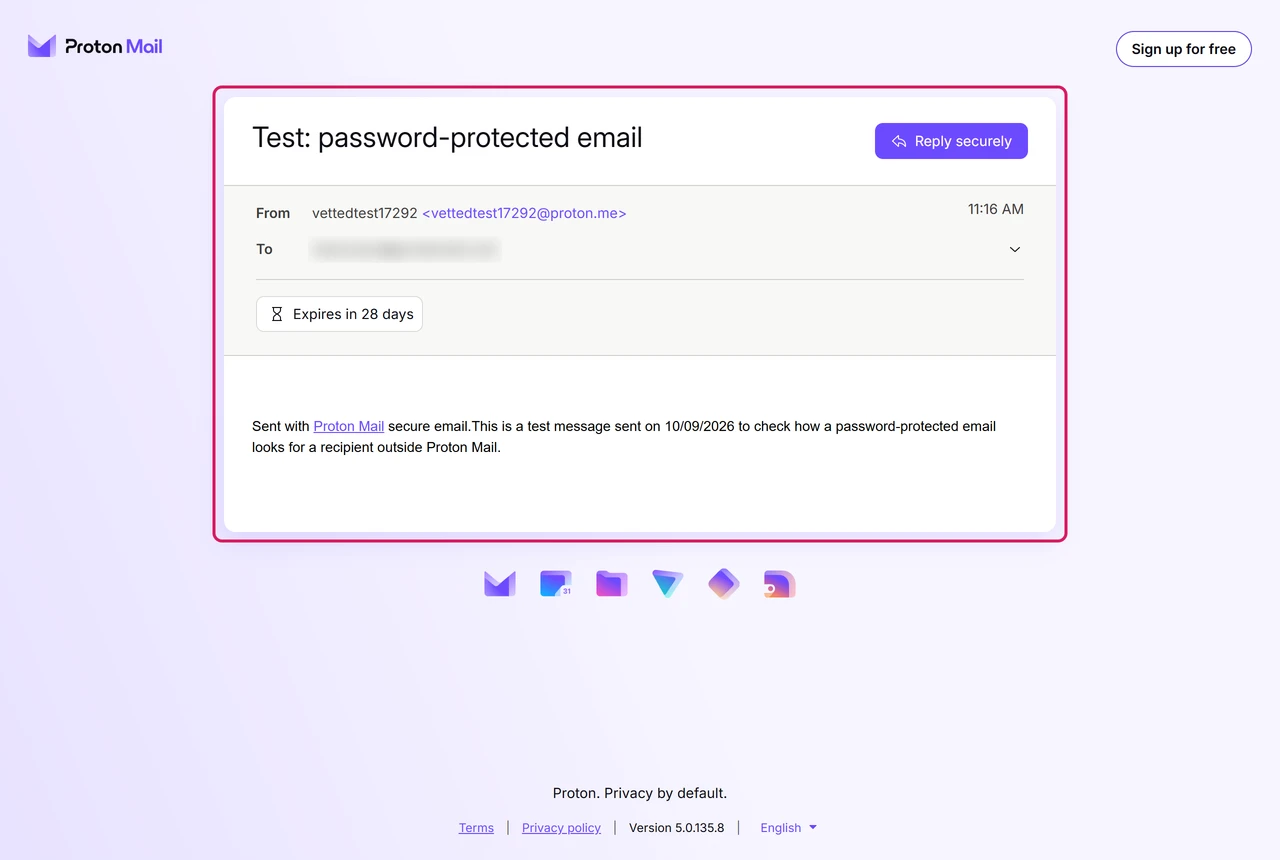 Decrypted Proton message in the browser with a Reply securely button and an Expires in 28 days label