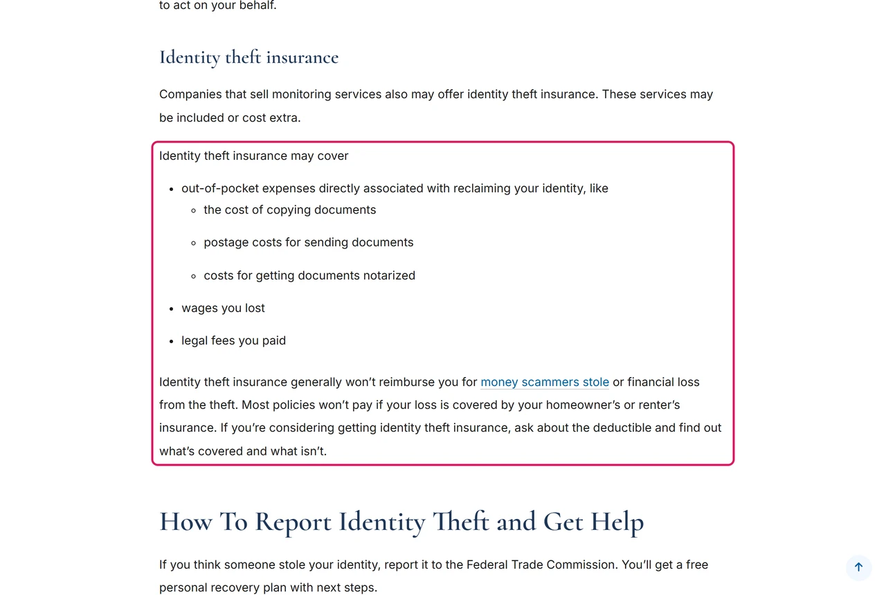 FTC consumer page listing what identity theft insurance may cover and saying it generally won’t reimburse money scammers stole
