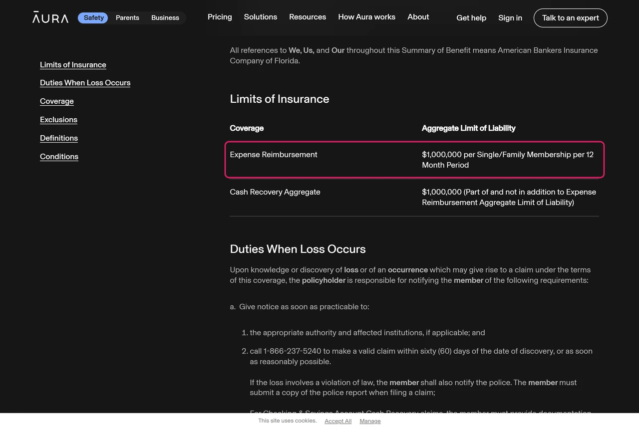 Aura insurance summary table with an expense reimbursement limit of 1,000,000 dollars per Single or Family Membership per 12 months