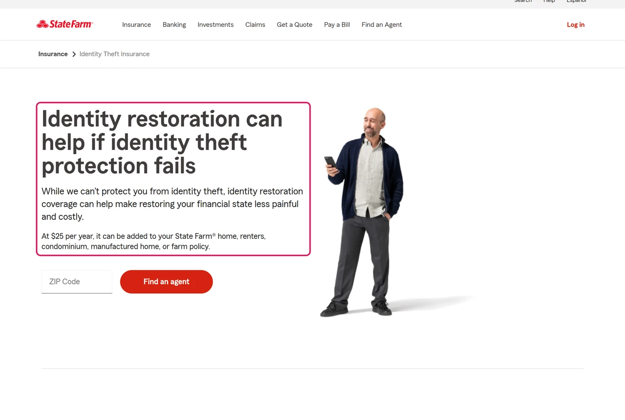 State Farm page saying identity restoration coverage can be added to a home, renters or condo policy at 25 dollars per year