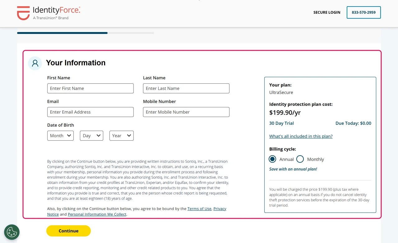 IdentityForce sign-up form asking for name, email, cell phone number and date of birth, with UltraSecure at $199.90 a year and $0.00 due today