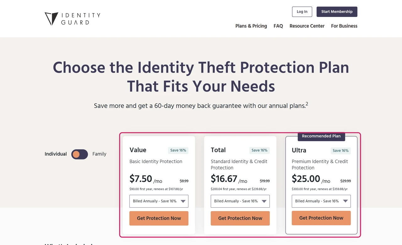 Identity Guard plans page with Value at $7.50 a month, $90.00 the first year, renewing at $107.88 a year