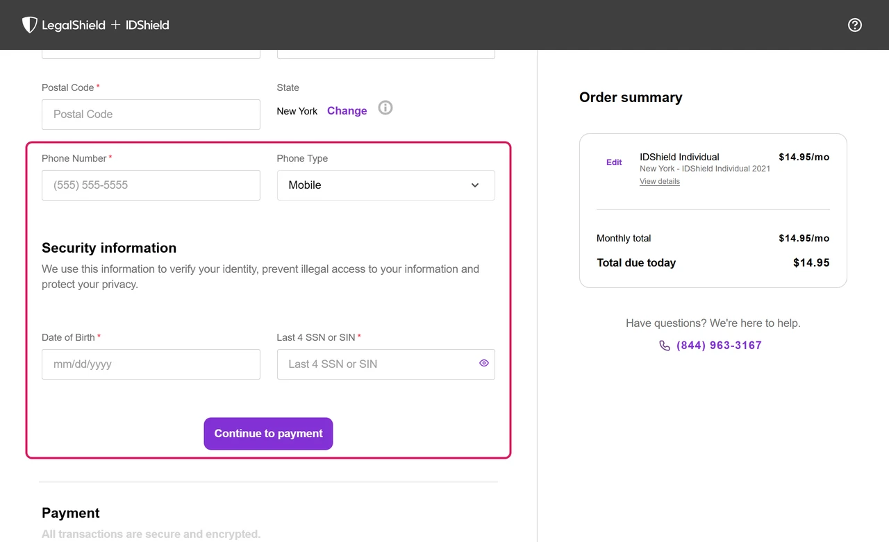 IDShield checkout asking for phone number, date of birth and the last 4 digits of the SSN before the Continue to payment button