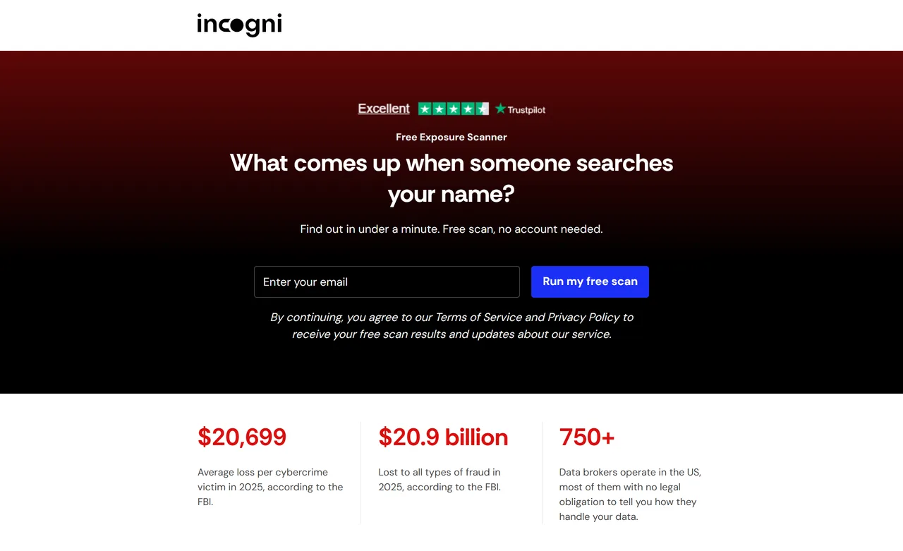 Incogni Free Exposure Scanner start screen with a single email field and a Run my free scan button