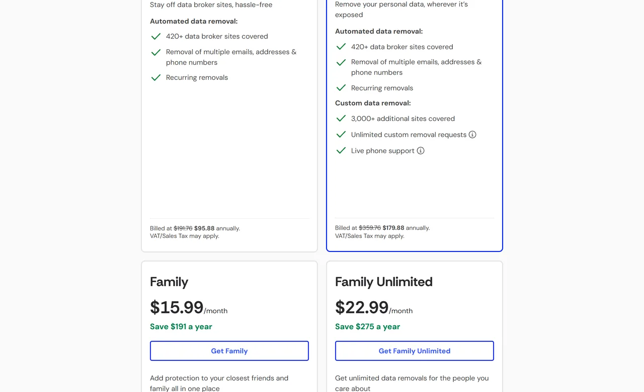 Incogni pricing page in USD with annual billing, Standard at $7.99 a month billed $95.88