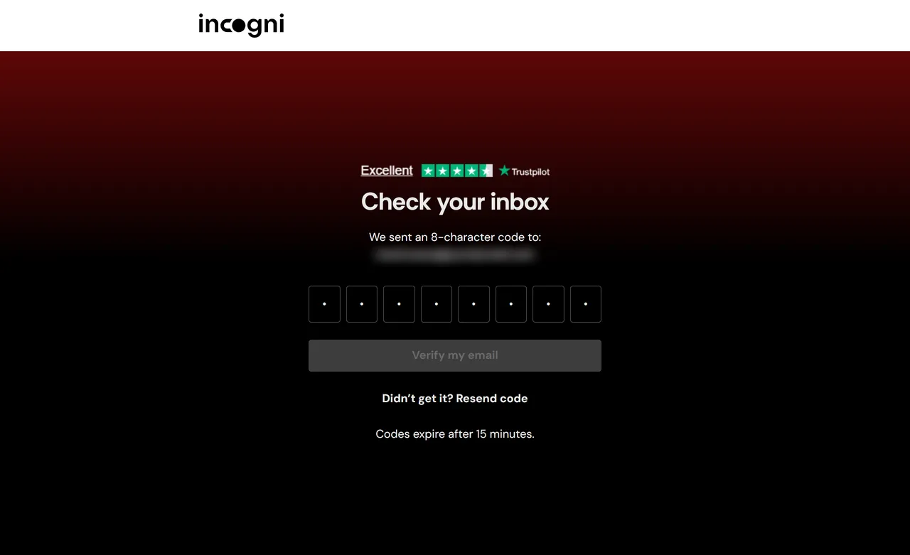 Incogni free scanner screen asking for an eight-character code sent by email
