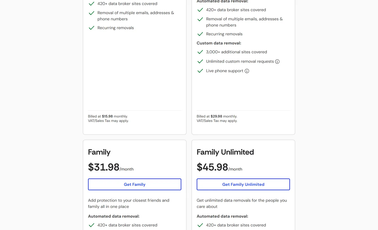 Incogni pricing page with monthly billing selected: Standard $15.98 per month and Family $31.98 per month