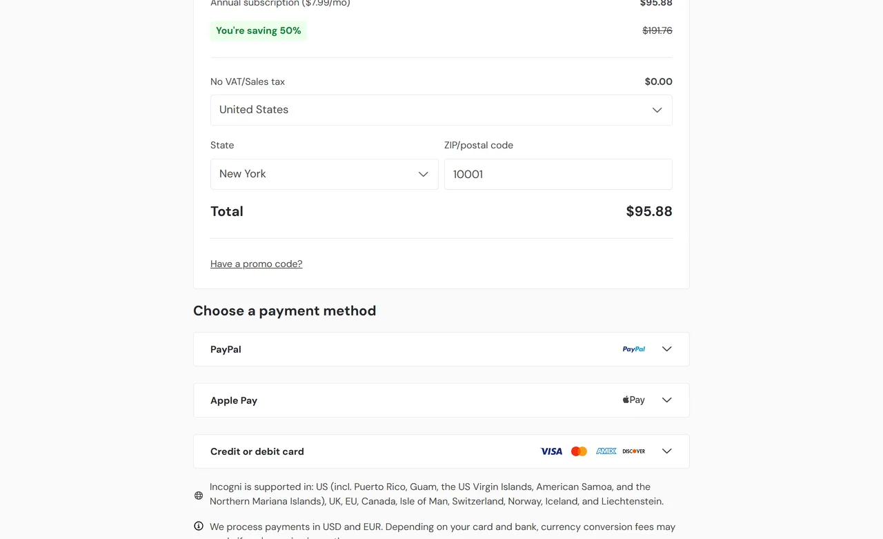 Incogni checkout order summary for the Standard annual plan, New York ZIP 10001, sales tax line $0.00 and total $95.88