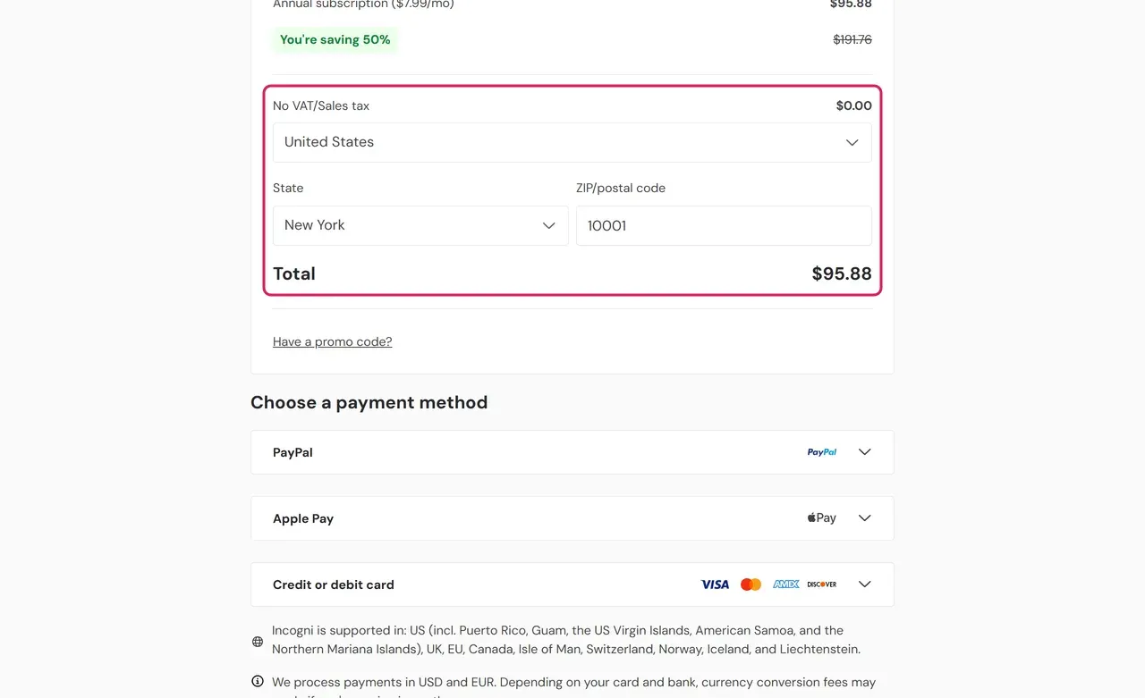 Incogni checkout for New York 10001 with sales tax $0.00 and a total of $95.88