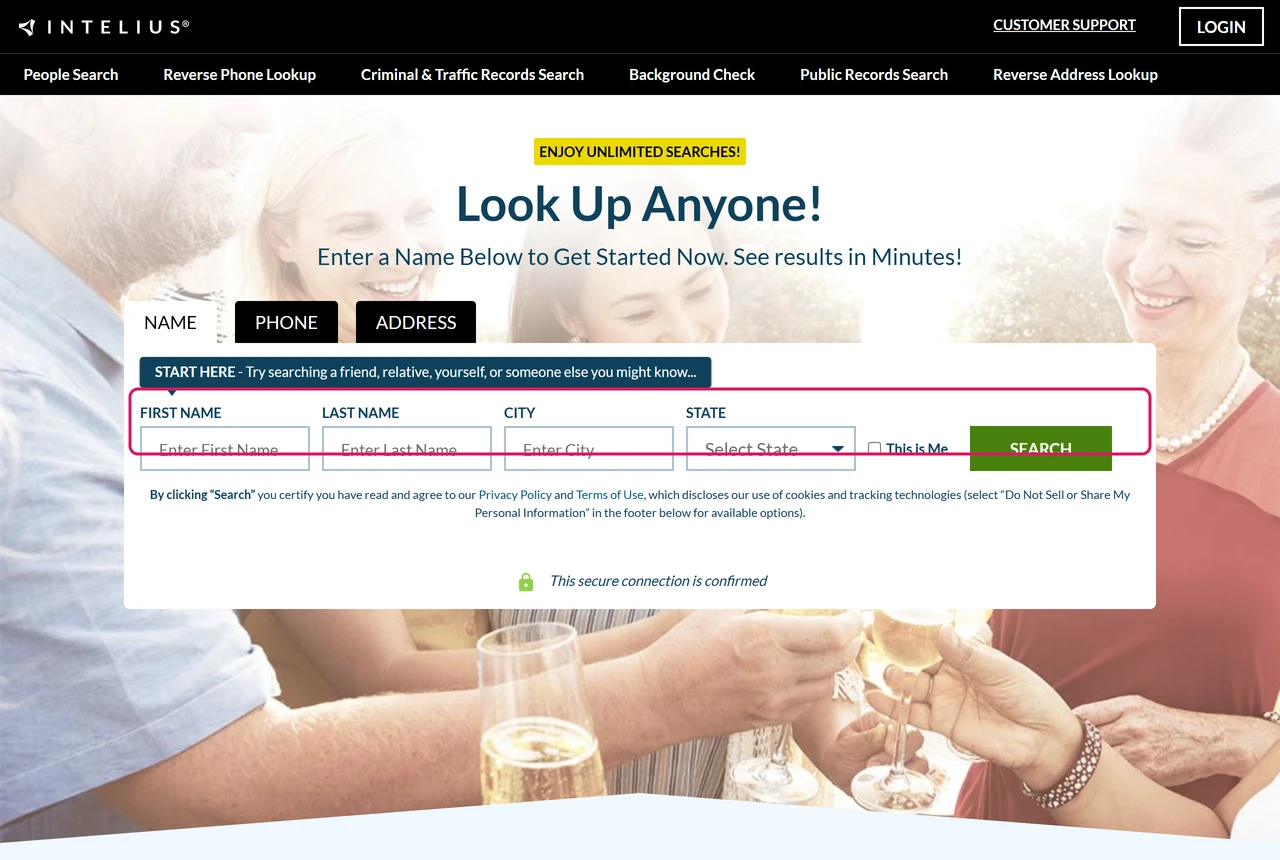 Intelius homepage with a people search form for first name, last name, city and state