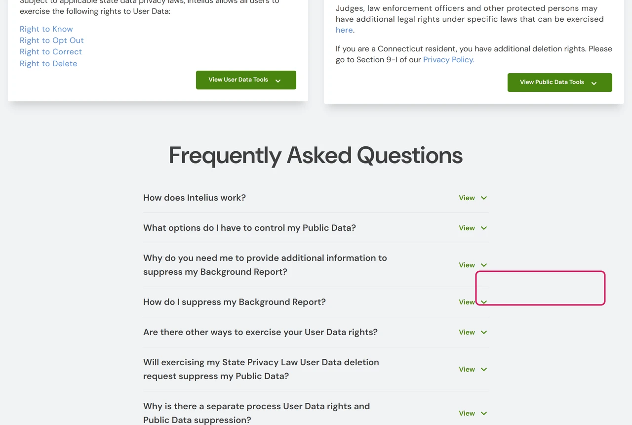Intelius Data Privacy Center section Suppress your Background Report with the Manage My Suppression Rules button