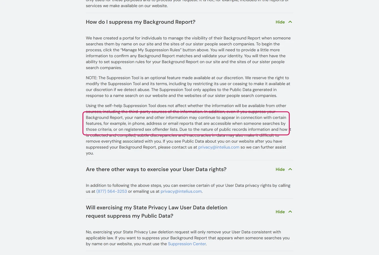 Intelius FAQ answer saying your name and other information may continue to appear in phone, address or email reports or on registered sex offender lists after suppression