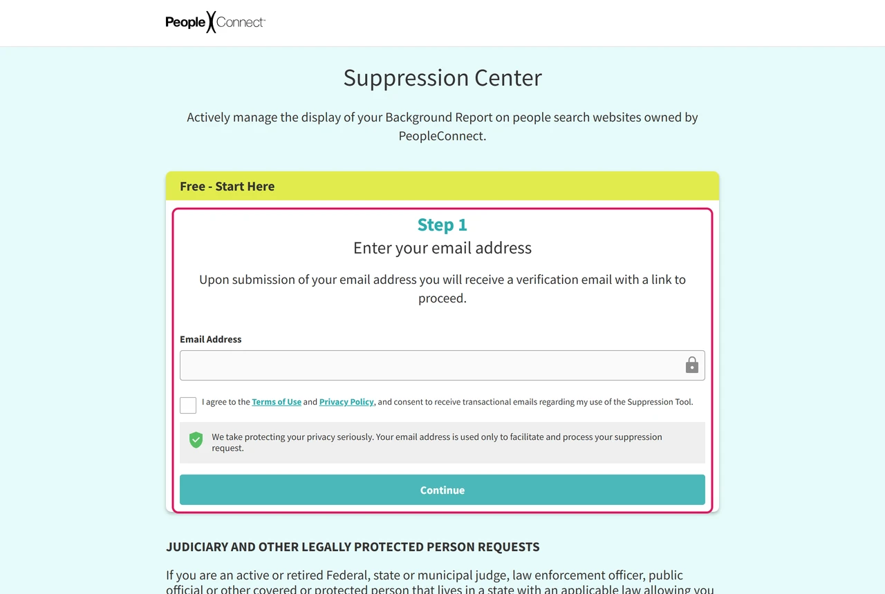 PeopleConnect Suppression Center step 1 asking for an email address and agreement to the terms, opened from Intelius