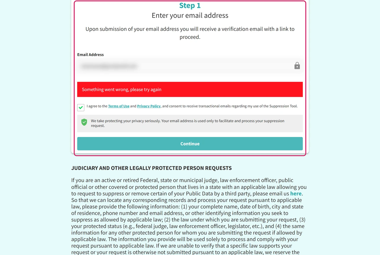 PeopleConnect Suppression Center step 1 showing the error Something went wrong, please try again under the email field