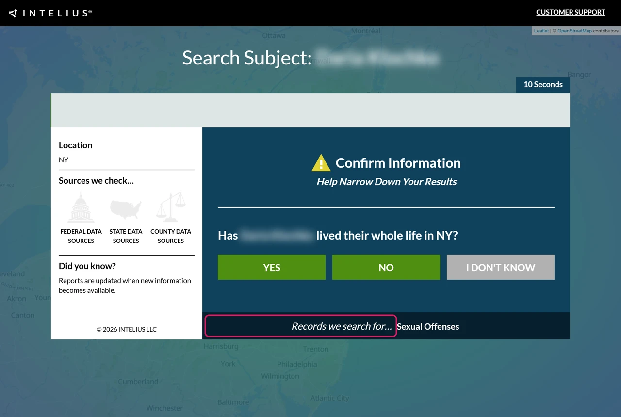 Intelius search in progress for our test name with a Confirm Information prompt and a list of record types it searches for, including arrest records and sexual offenses