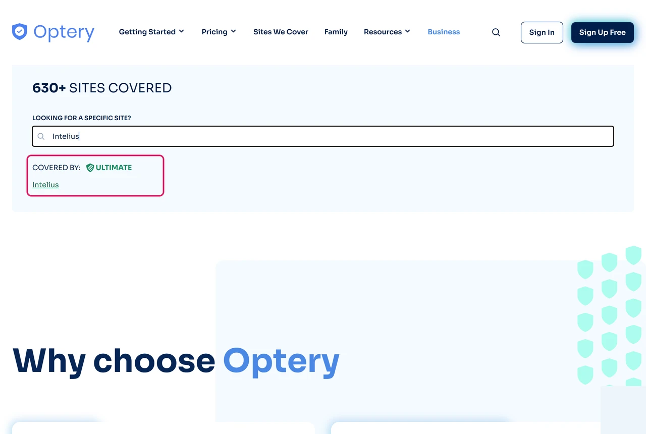 Optery pricing page site search showing Intelius covered only by the Ultimate plan