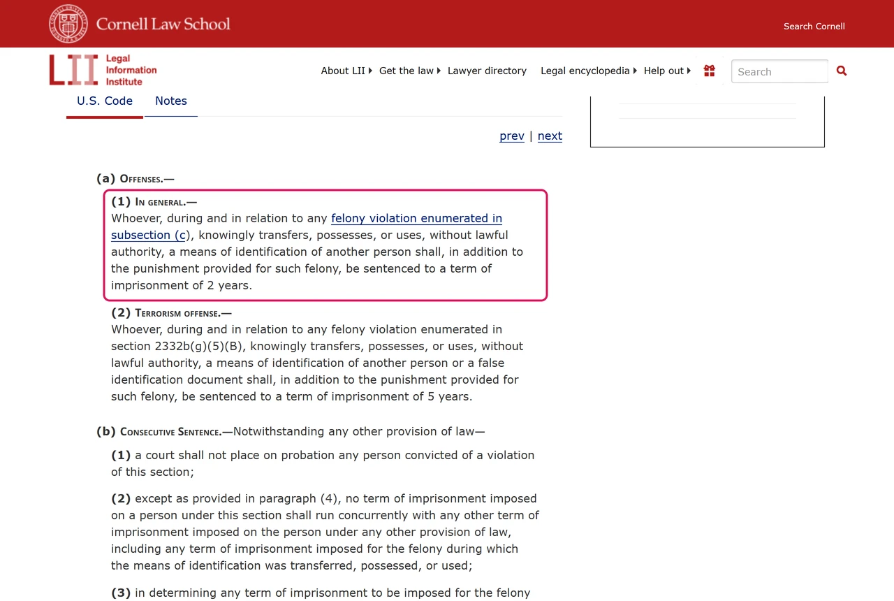 Text of 18 U.S.C. 1028A(a)(1), aggravated identity theft, ending with a term of imprisonment of 2 years