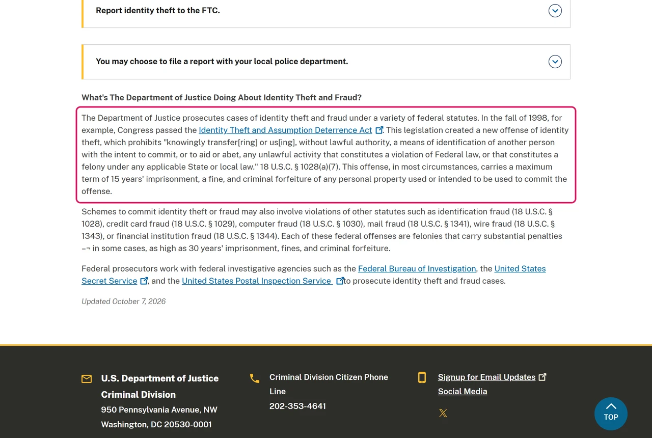 Justice Department page explaining that the Identity Theft and Assumption Deterrence Act of 1998 created the federal offense
