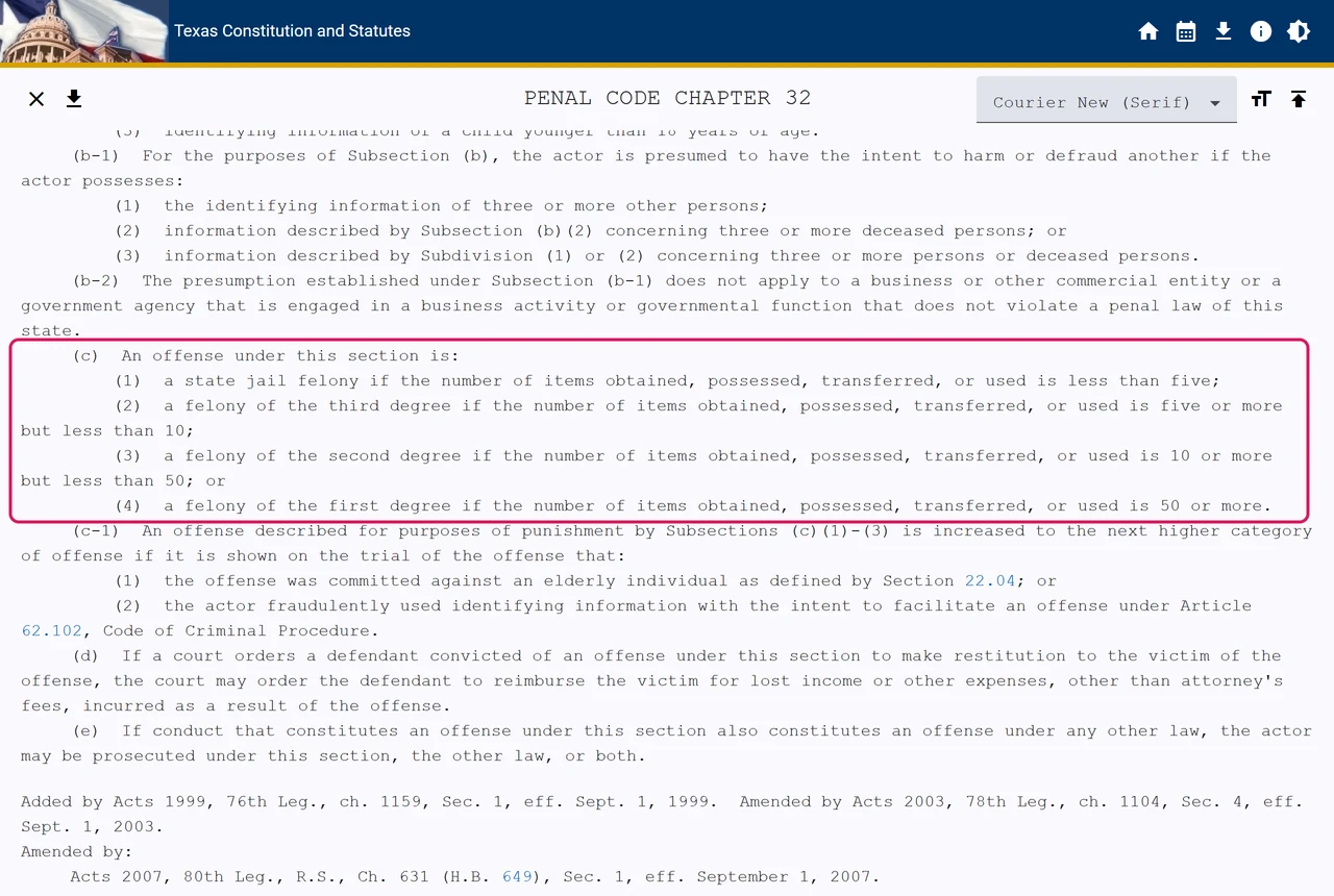 Texas Penal Code section 32.51(c) grading identity theft from a state jail felony to a first-degree felony by number of items