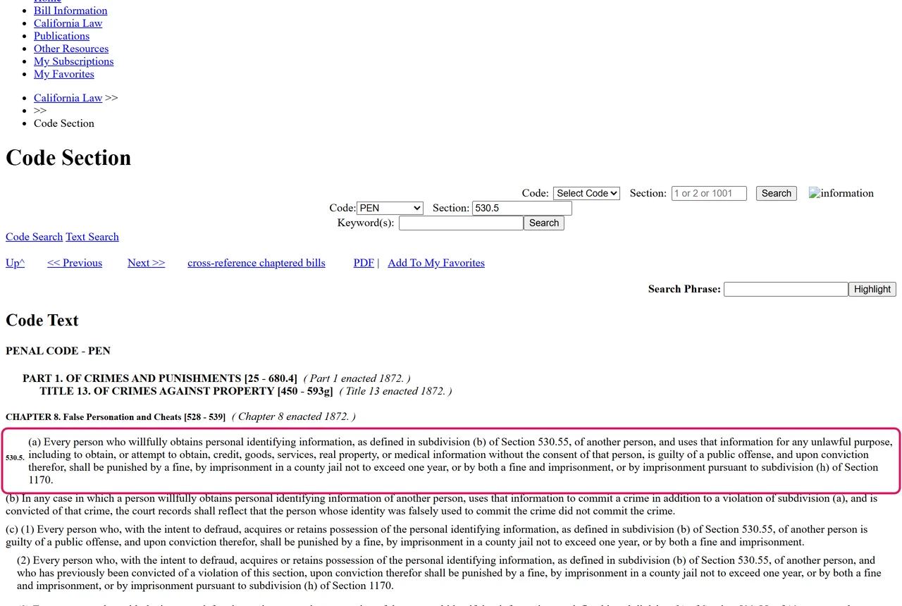 California Penal Code section 530.5(a) allowing county jail of up to one year or a felony sentence under section 1170(h)
