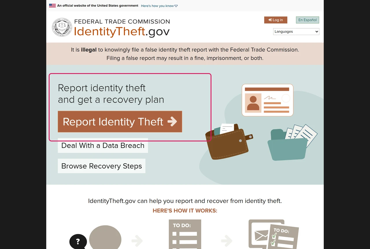 IdentityTheft.gov home page with the Report identity theft and get a recovery plan heading and the Report Identity Theft button