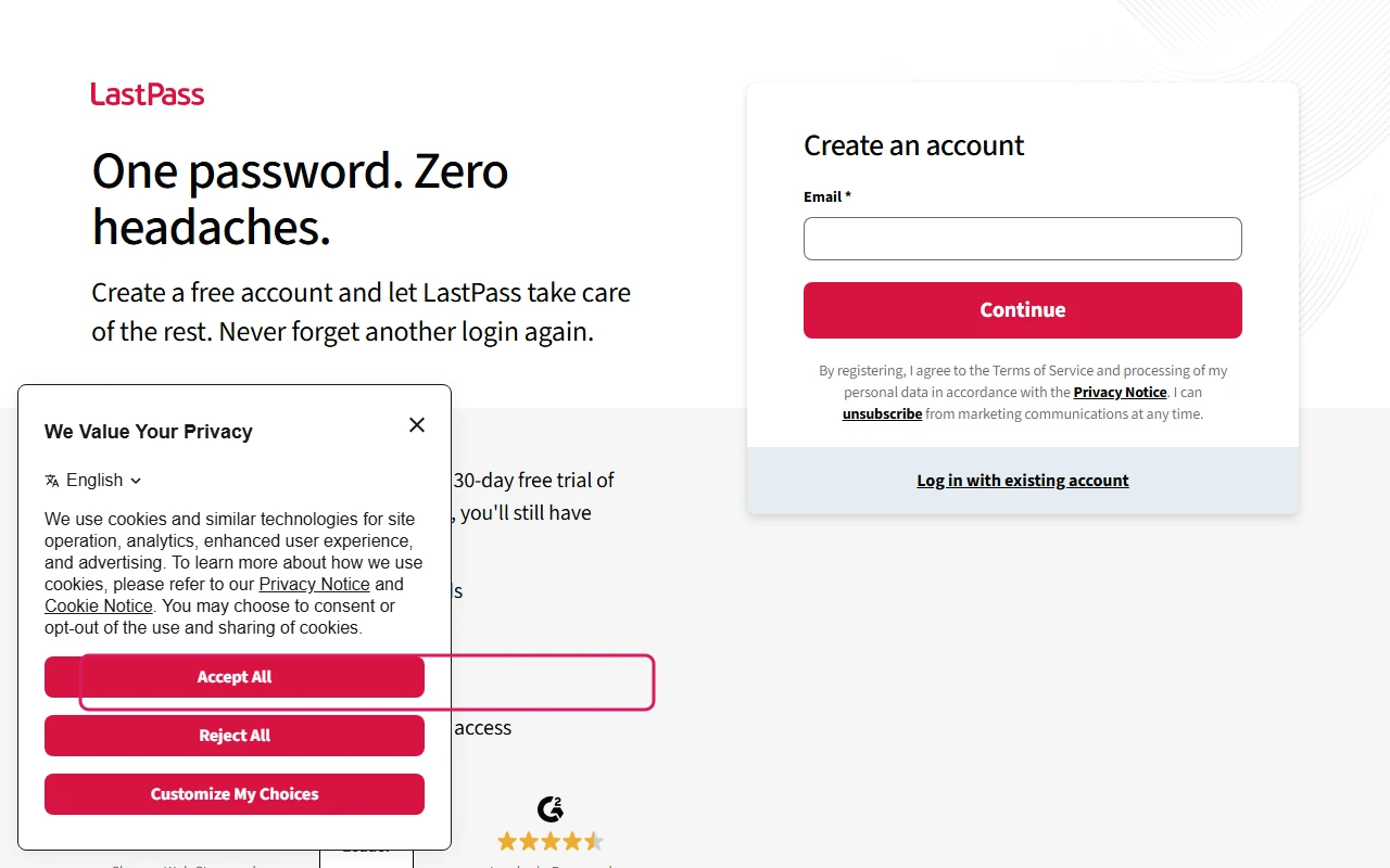 LastPass free account sign-up page listing what the Free plan includes, with the line Access on one device type highlighted