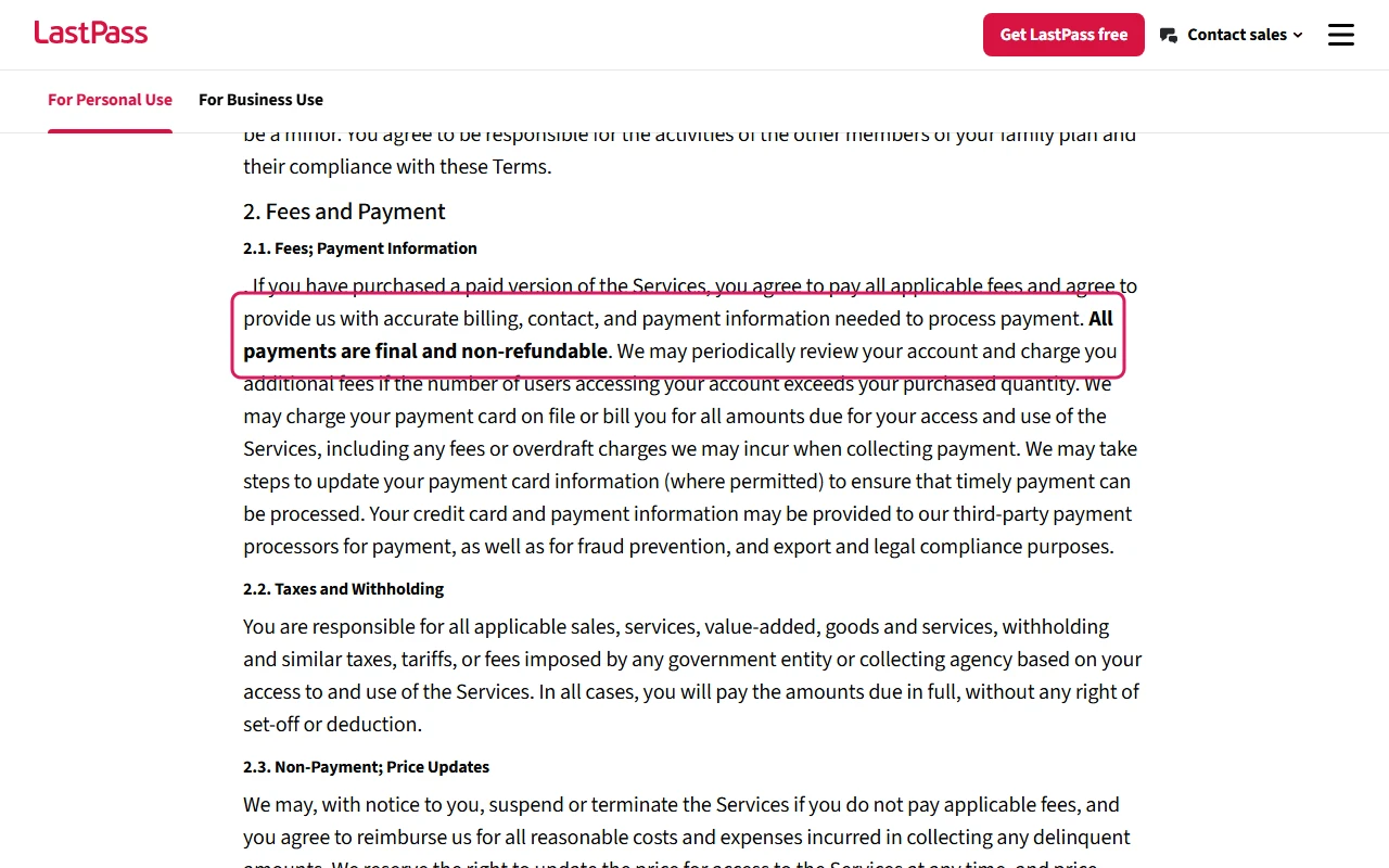 LastPass personal Terms of Service paragraph on fees with the sentence All payments are final and non-refundable highlighted