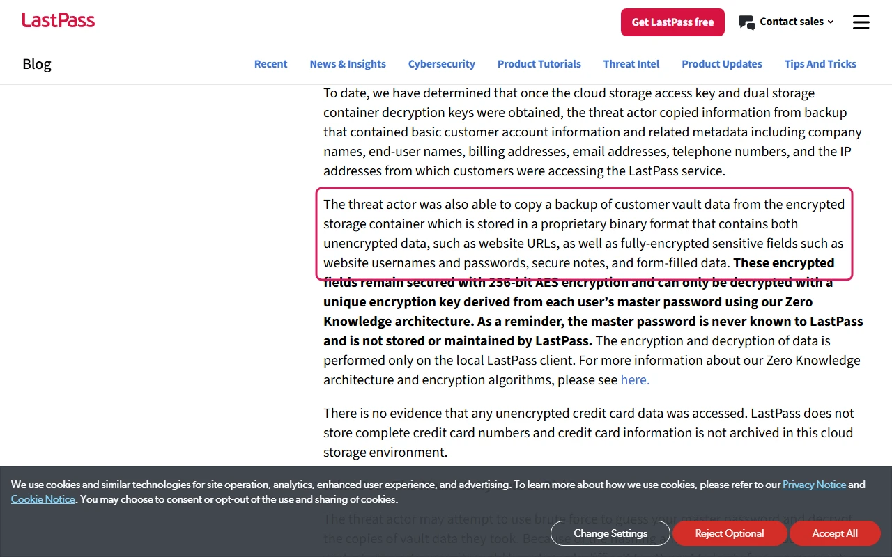 LastPass security incident notice of December 22, 2022, paragraph stating that the threat actor copied a backup of customer vault data highlighted