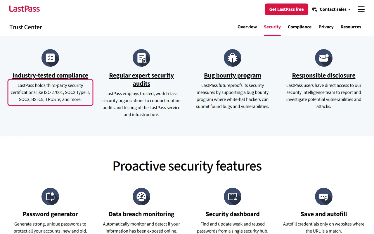 LastPass security page section listing third-party certifications ISO 27001, SOC 2 Type II, SOC 3, BSI C5 and TRUSTe