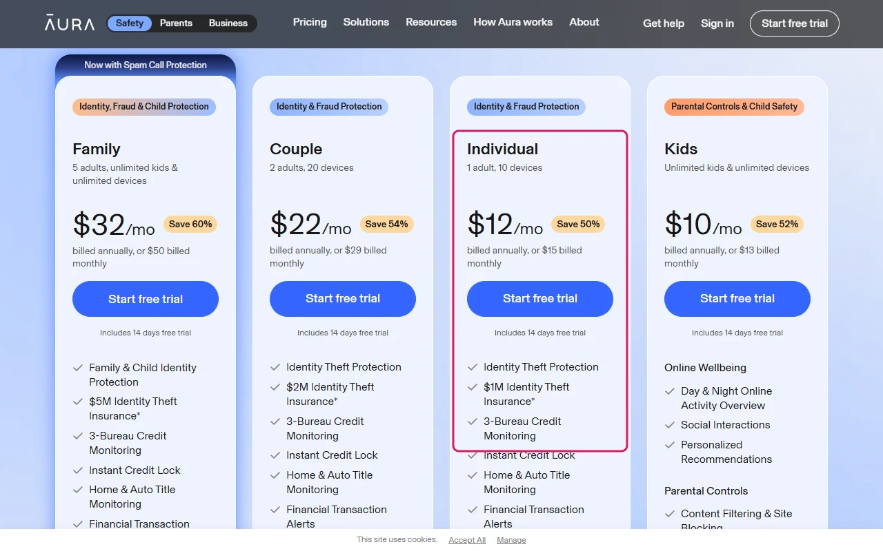 Aura pricing page with the Individual plan at $12 a month billed annually, $1M identity theft insurance and 3-bureau credit monitoring