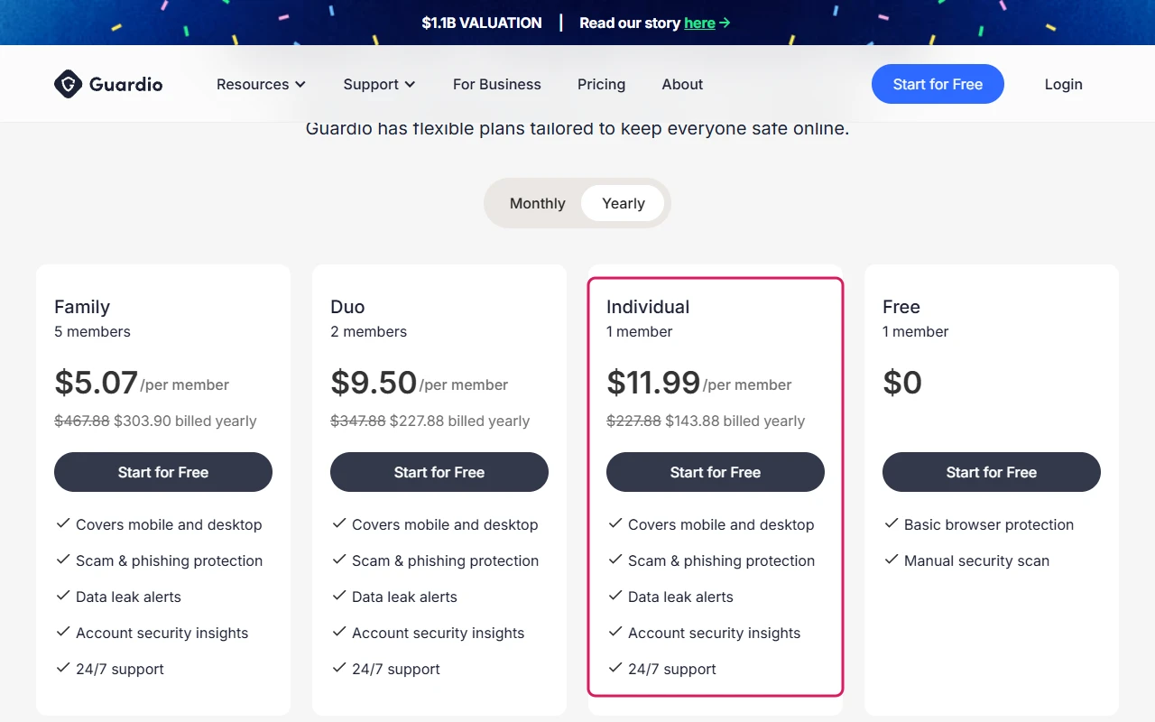 Guardio plans page with the Individual plan at $11.99 per member, $143.88 billed yearly, and a free plan
