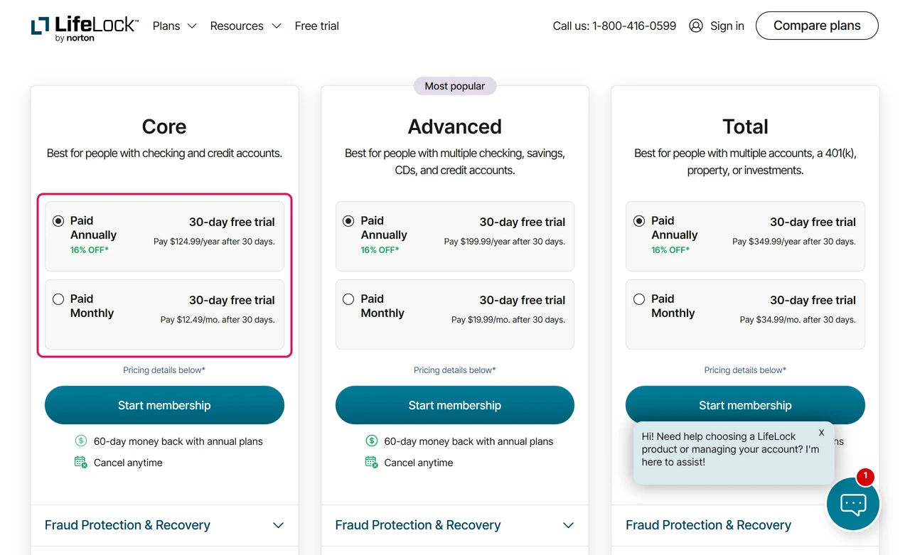 LifeLock free trial page offering 30 days, then $124.99 a year for Core